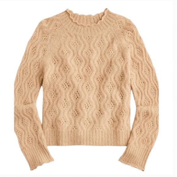 J.CREW Sweater Womens Large Tan Pointelle Cable Knit Alpaca Wool Blend Pullover - Picture 1 of 5